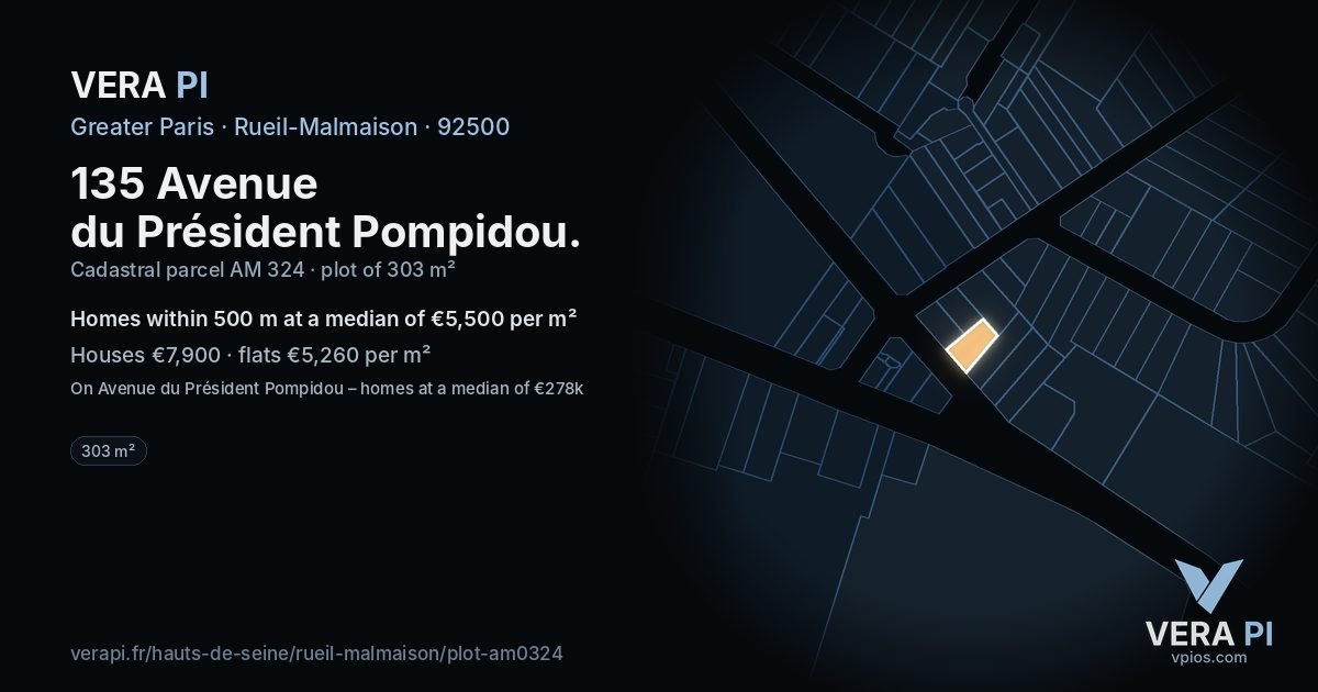 135 Avenue du Président Pompidou, Rueil-Malmaison at night – the plot lit, the parcels around coloured by the prices near them