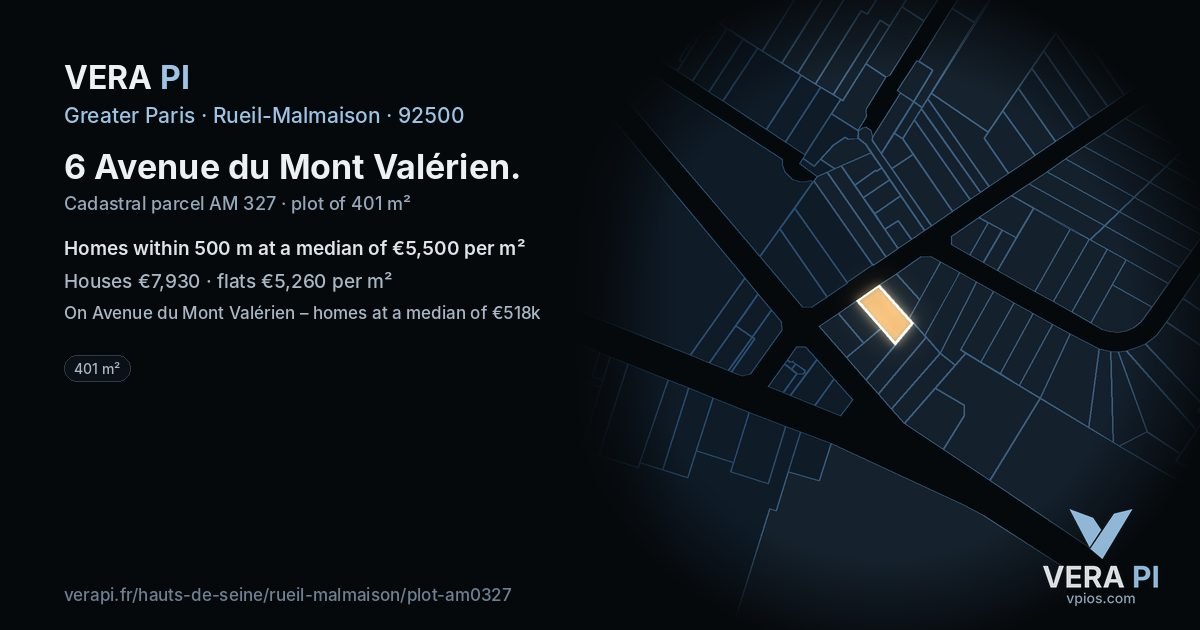 6 Avenue du Mont Valérien, Rueil-Malmaison at night – the plot lit, the parcels around coloured by the prices near them