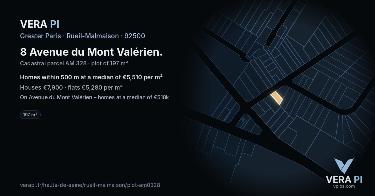8 Avenue du Mont Valérien, Rueil-Malmaison at night – the plot lit, the parcels around coloured by the prices near them