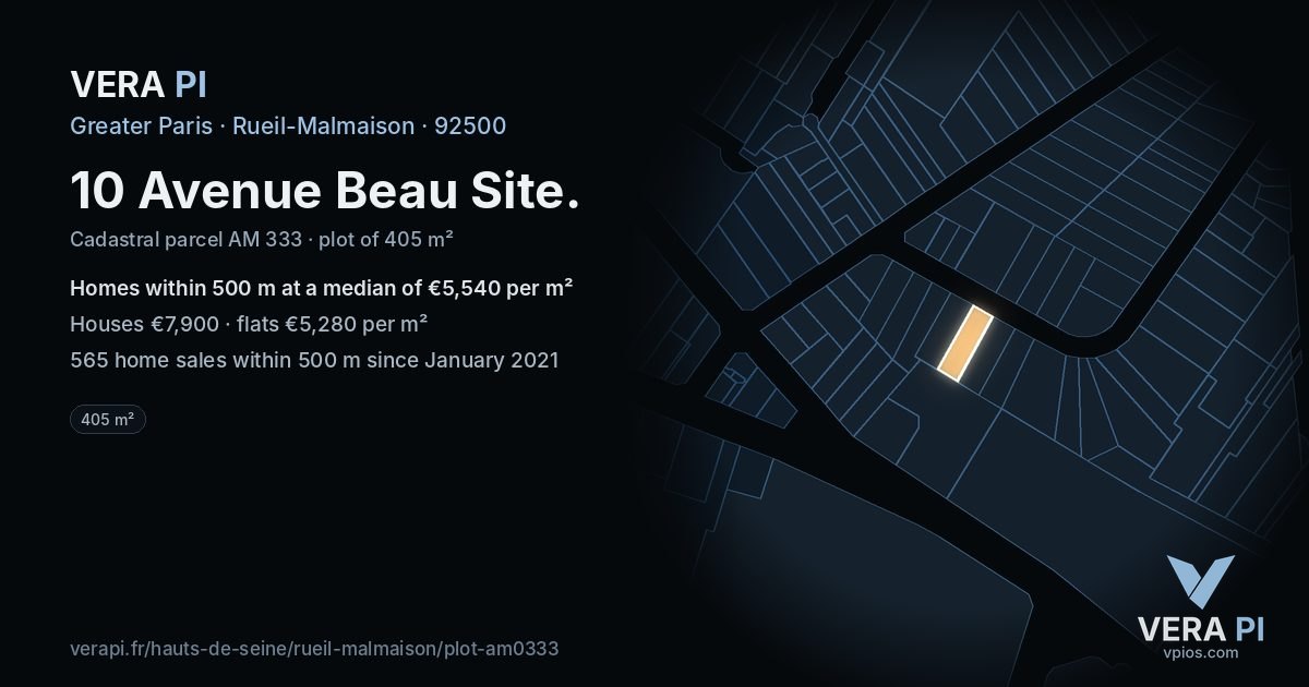 10 Avenue Beau Site, Rueil-Malmaison at night – the plot lit, the parcels around coloured by the prices near them