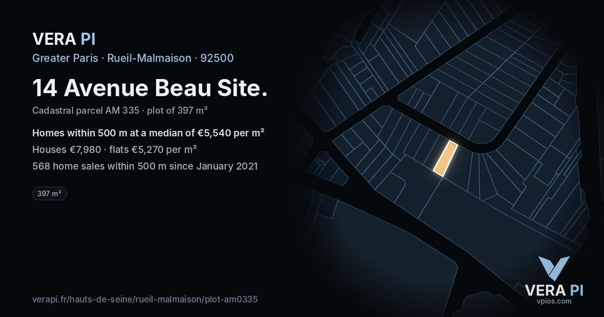 14 Avenue Beau Site, Rueil-Malmaison at night – the plot lit, the parcels around coloured by the prices near them
