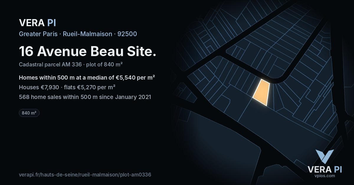 16 Avenue Beau Site, Rueil-Malmaison at night – the plot lit, the parcels around coloured by the prices near them