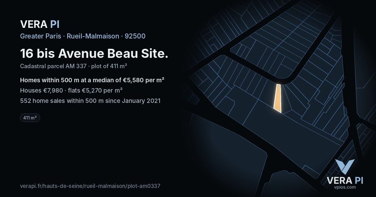 16 bis Avenue Beau Site, Rueil-Malmaison at night – the plot lit, the parcels around coloured by the prices near them