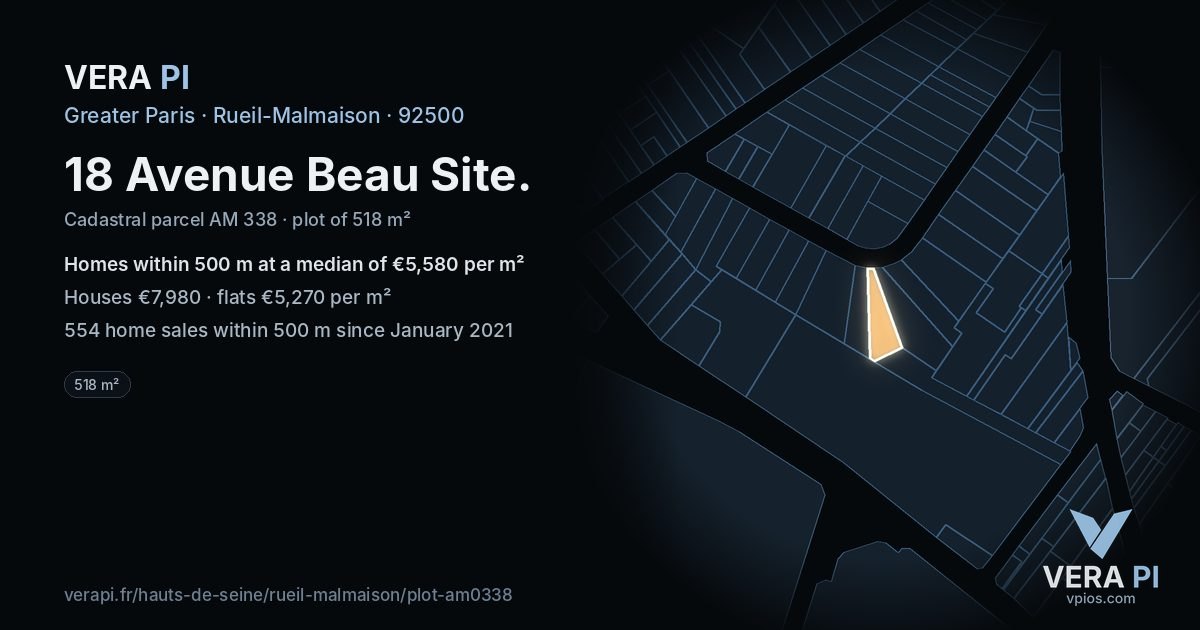 18 Avenue Beau Site, Rueil-Malmaison at night – the plot lit, the parcels around coloured by the prices near them