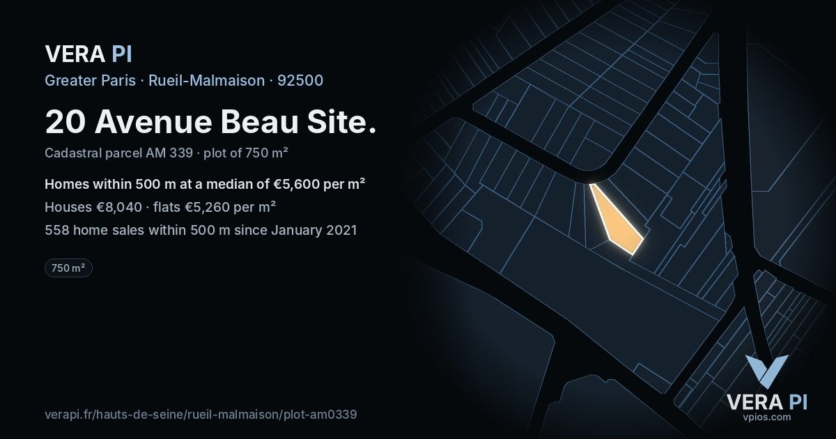 20 Avenue Beau Site, Rueil-Malmaison at night – the plot lit, the parcels around coloured by the prices near them