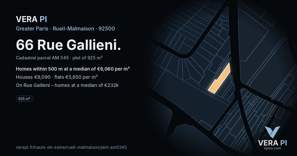 66 Rue Gallieni, Rueil-Malmaison at night – the plot lit, the parcels around coloured by the prices near them