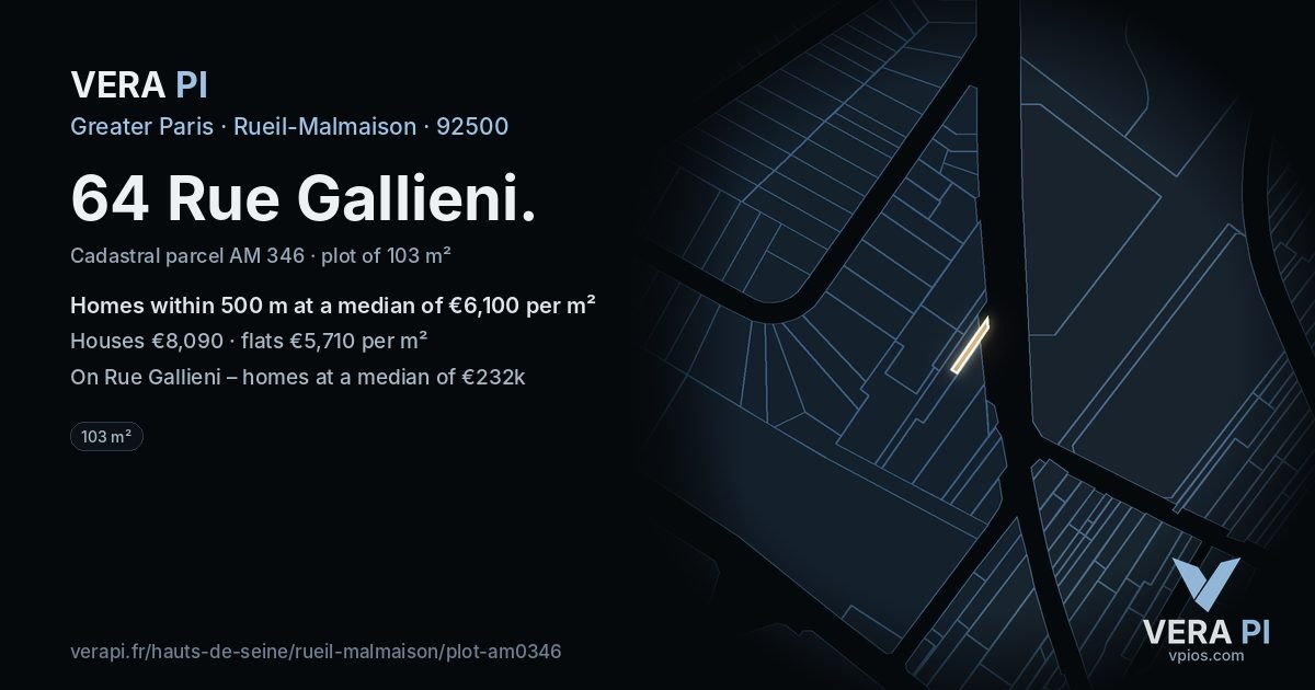64 Rue Gallieni, Rueil-Malmaison at night – the plot lit, the parcels around coloured by the prices near them