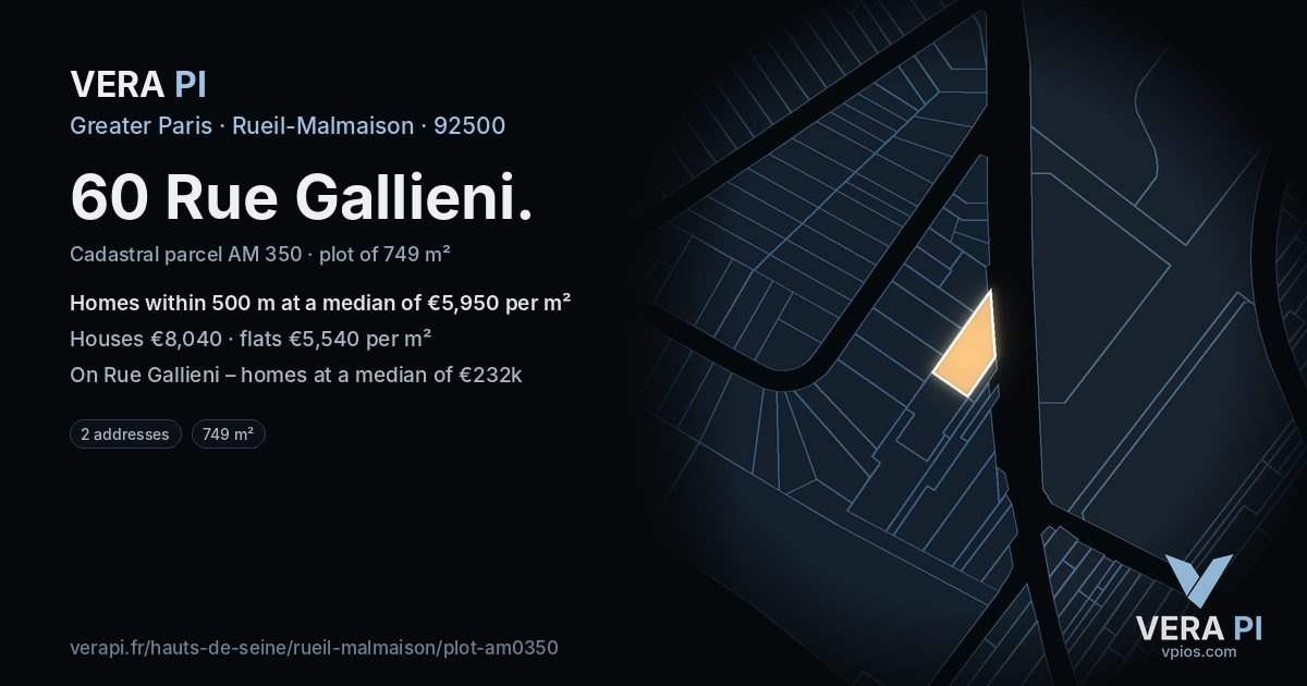 60 Rue Gallieni, Rueil-Malmaison at night – the plot lit, the parcels around coloured by the prices near them