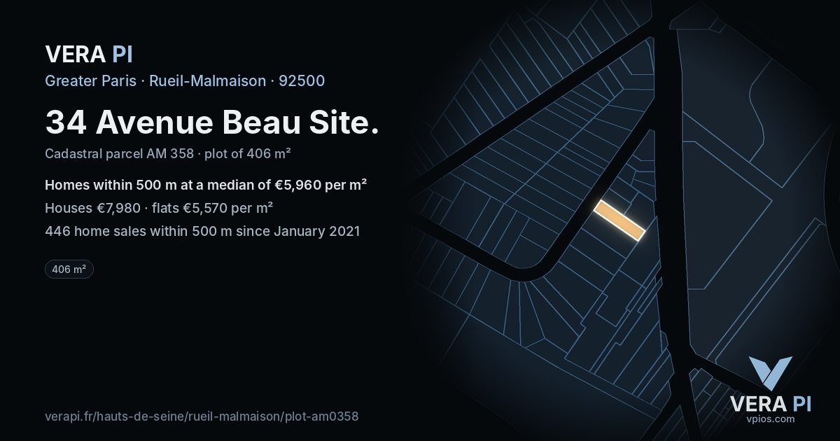 34 Avenue Beau Site, Rueil-Malmaison at night – the plot lit, the parcels around coloured by the prices near them
