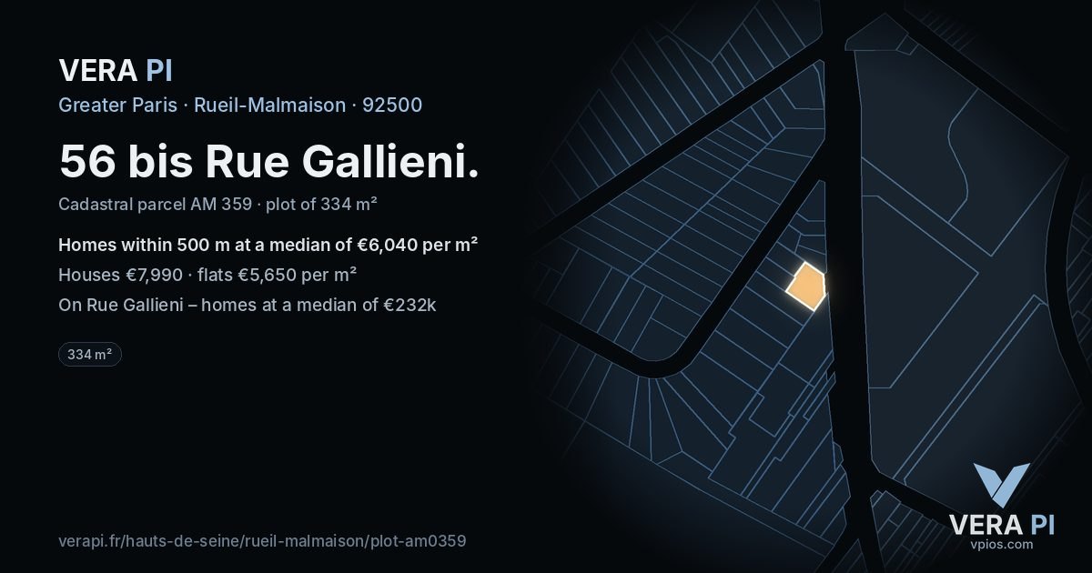 56 bis Rue Gallieni, Rueil-Malmaison at night – the plot lit, the parcels around coloured by the prices near them