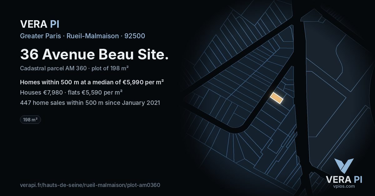 36 Avenue Beau Site, Rueil-Malmaison at night – the plot lit, the parcels around coloured by the prices near them