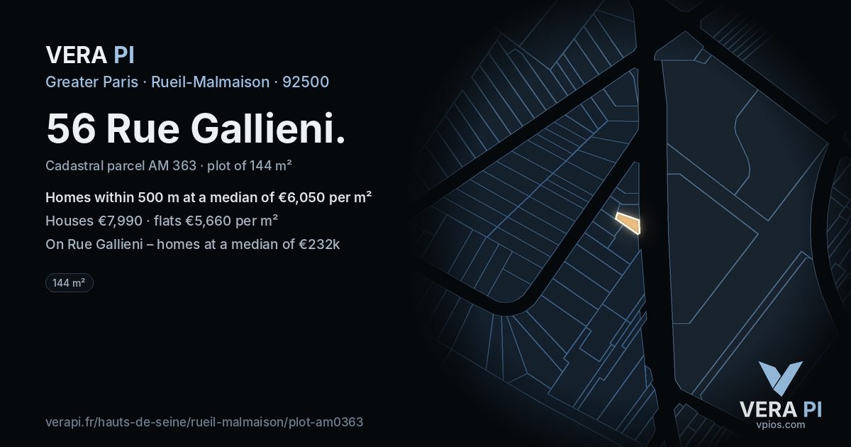 56 Rue Gallieni, Rueil-Malmaison at night – the plot lit, the parcels around coloured by the prices near them