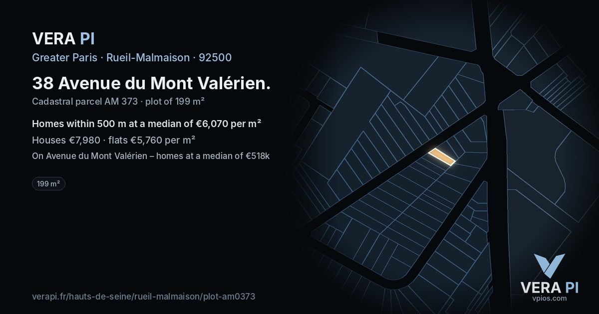 38 Avenue du Mont Valérien, Rueil-Malmaison at night – the plot lit, the parcels around coloured by the prices near them