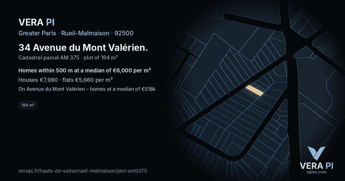 34 Avenue du Mont Valérien, Rueil-Malmaison at night – the plot lit, the parcels around coloured by the prices near them