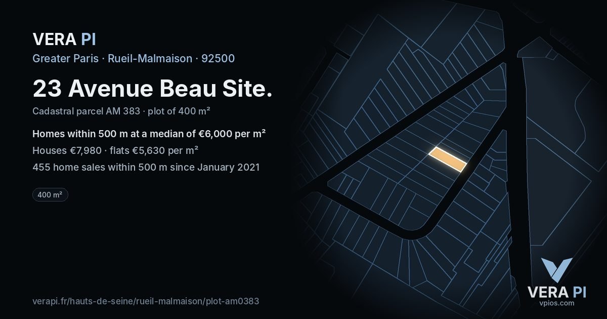 23 Avenue Beau Site, Rueil-Malmaison at night – the plot lit, the parcels around coloured by the prices near them