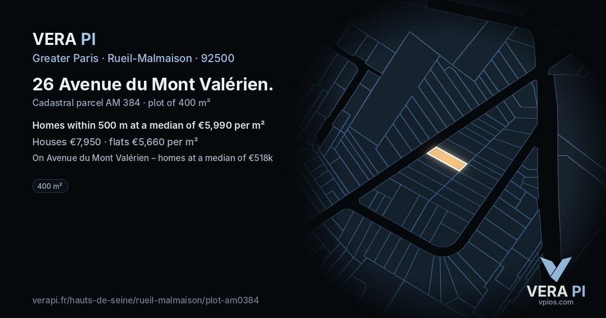 26 Avenue du Mont Valérien, Rueil-Malmaison at night – the plot lit, the parcels around coloured by the prices near them