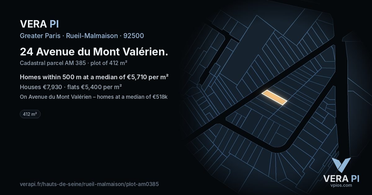 24 Avenue du Mont Valérien, Rueil-Malmaison at night – the plot lit, the parcels around coloured by the prices near them