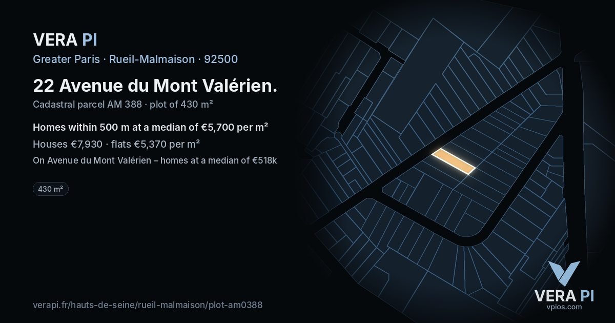 22 Avenue du Mont Valérien, Rueil-Malmaison at night – the plot lit, the parcels around coloured by the prices near them