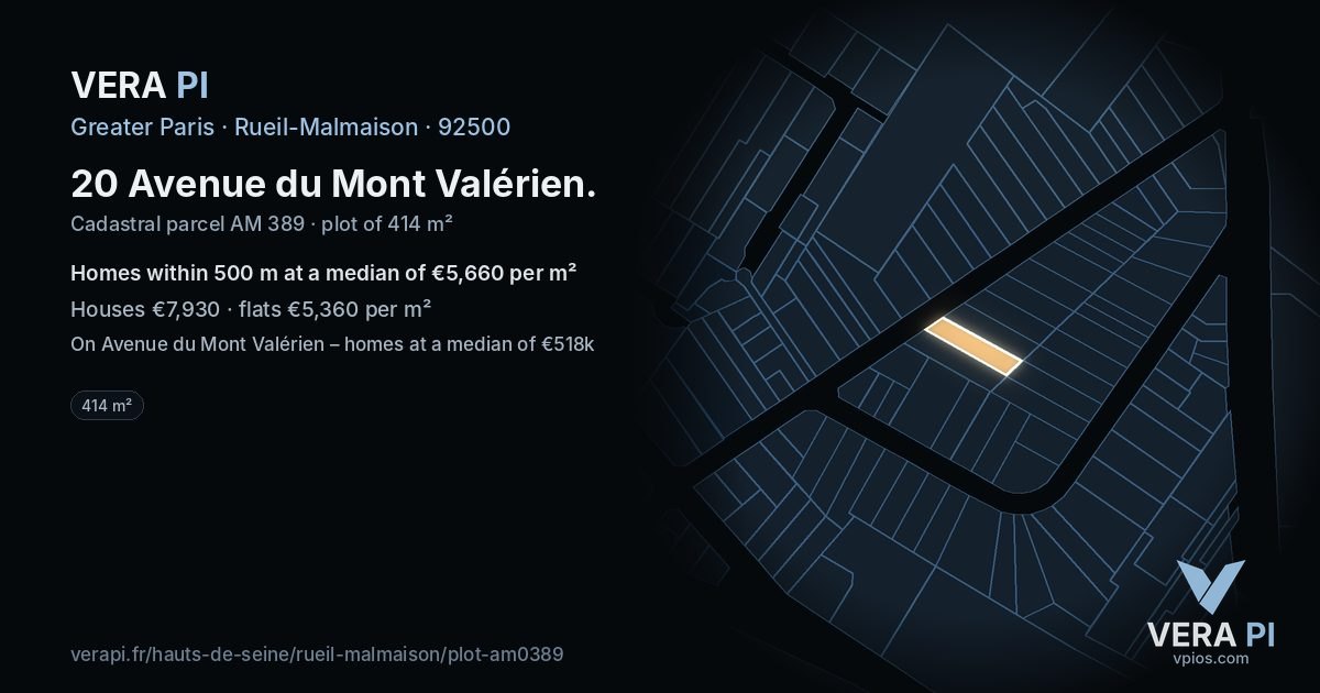 20 Avenue du Mont Valérien, Rueil-Malmaison at night – the plot lit, the parcels around coloured by the prices near them