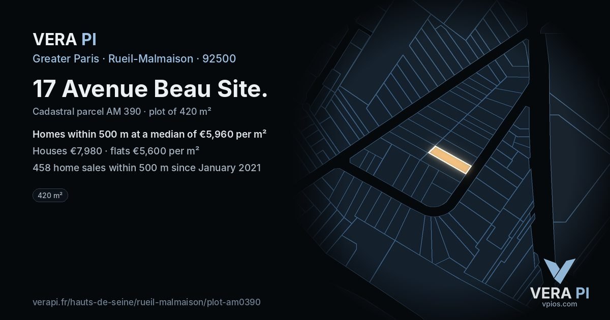 17 Avenue Beau Site, Rueil-Malmaison at night – the plot lit, the parcels around coloured by the prices near them