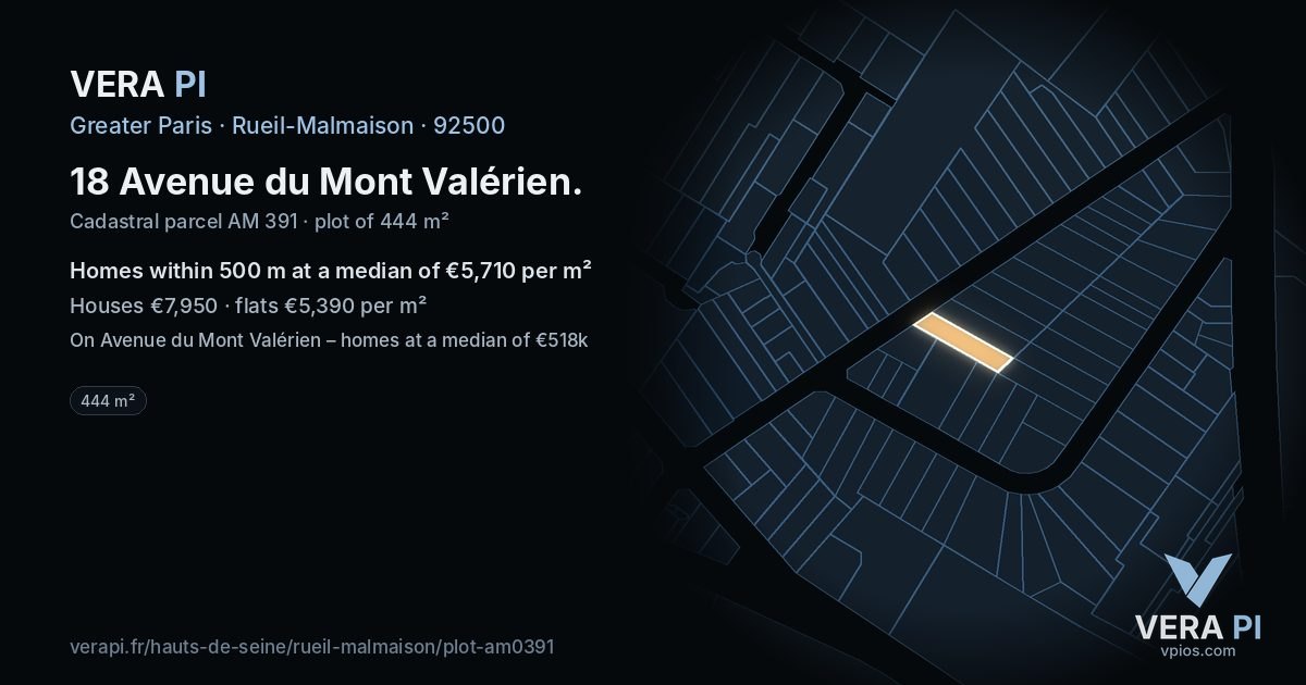 18 Avenue du Mont Valérien, Rueil-Malmaison at night – the plot lit, the parcels around coloured by the prices near them