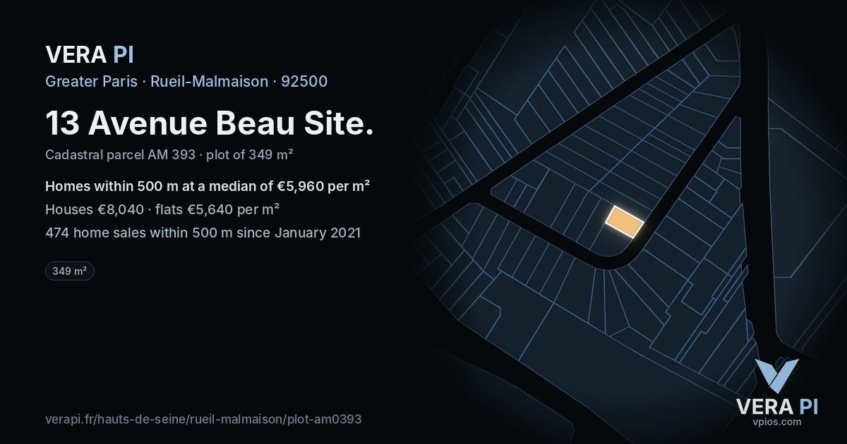 13 Avenue Beau Site, Rueil-Malmaison at night – the plot lit, the parcels around coloured by the prices near them