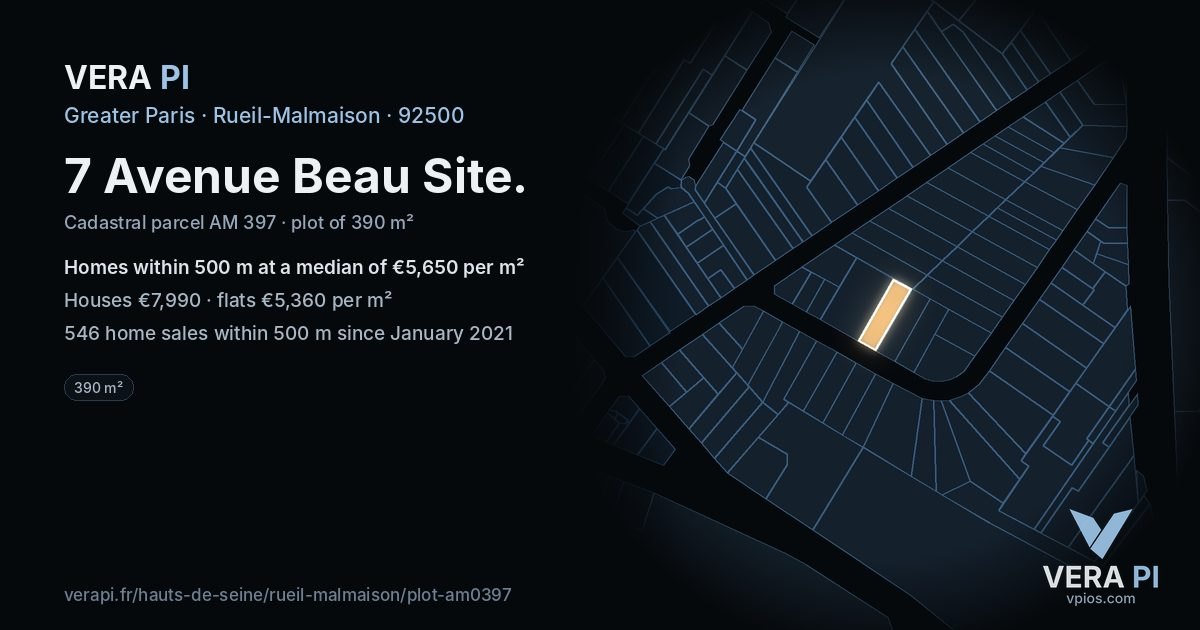 7 Avenue Beau Site, Rueil-Malmaison at night – the plot lit, the parcels around coloured by the prices near them