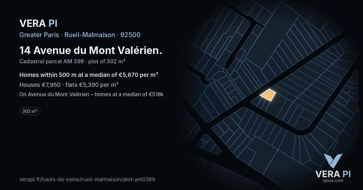 14 Avenue du Mont Valérien, Rueil-Malmaison at night – the plot lit, the parcels around coloured by the prices near them