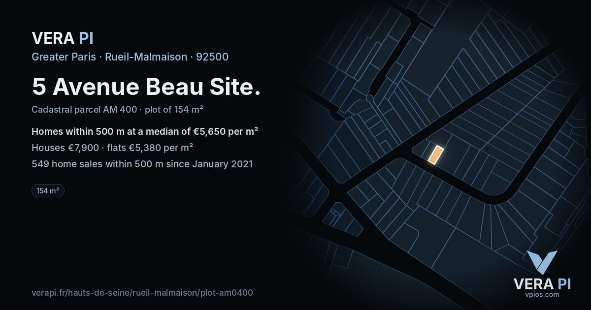 5 Avenue Beau Site, Rueil-Malmaison at night – the plot lit, the parcels around coloured by the prices near them