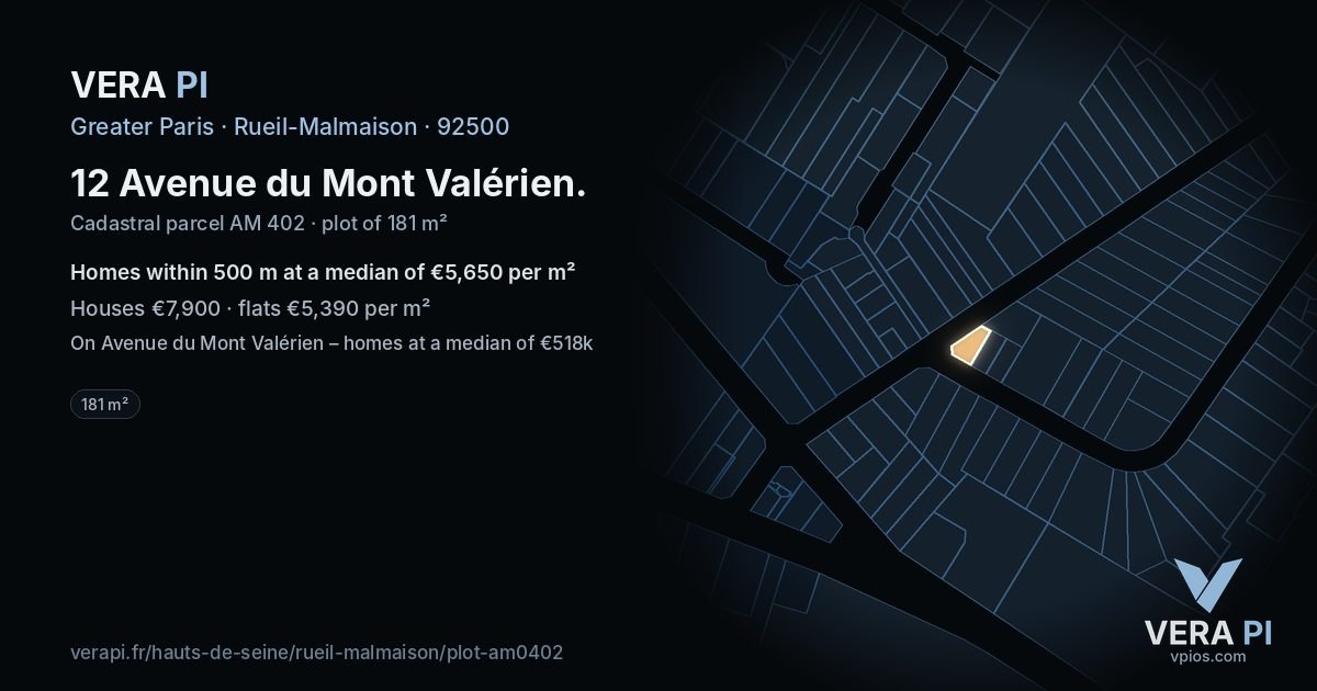 12 Avenue du Mont Valérien, Rueil-Malmaison at night – the plot lit, the parcels around coloured by the prices near them