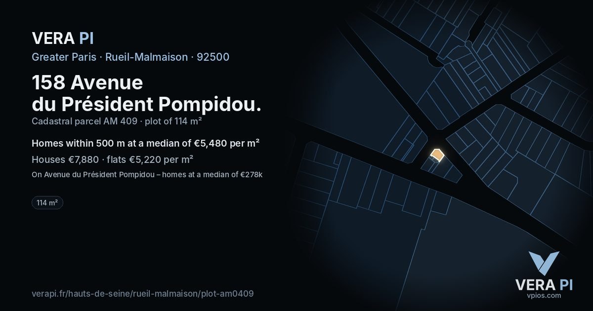 158 Avenue du Président Pompidou, Rueil-Malmaison at night – the plot lit, the parcels around coloured by the prices near them