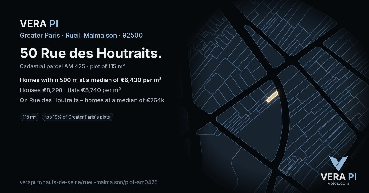 50 Rue des Houtraits, Rueil-Malmaison at night – the plot lit, the parcels around coloured by the prices near them