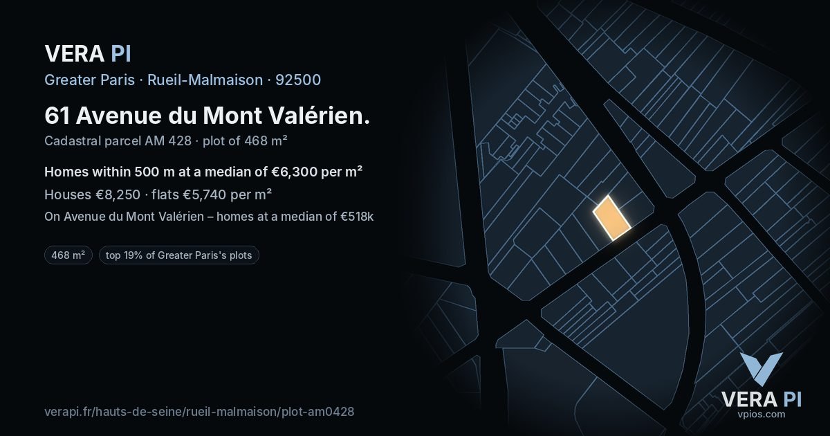 61 Avenue du Mont Valérien, Rueil-Malmaison at night – the plot lit, the parcels around coloured by the prices near them