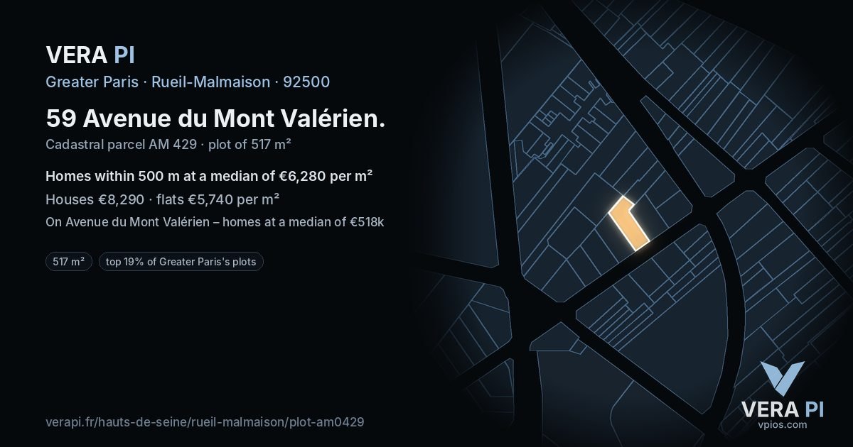 59 Avenue du Mont Valérien, Rueil-Malmaison at night – the plot lit, the parcels around coloured by the prices near them