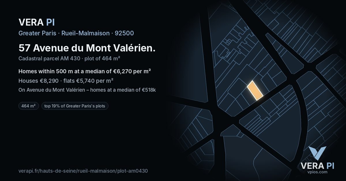 57 Avenue du Mont Valérien, Rueil-Malmaison at night – the plot lit, the parcels around coloured by the prices near them