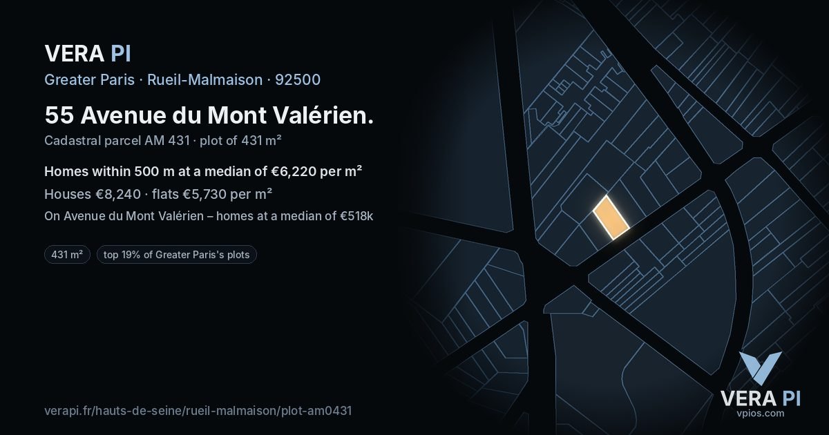 55 Avenue du Mont Valérien, Rueil-Malmaison at night – the plot lit, the parcels around coloured by the prices near them