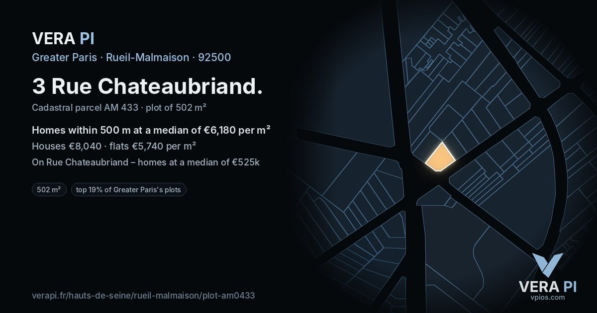 3 Rue Chateaubriand, Rueil-Malmaison at night – the plot lit, the parcels around coloured by the prices near them