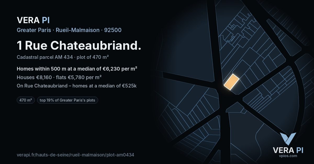 1 Rue Chateaubriand, Rueil-Malmaison at night – the plot lit, the parcels around coloured by the prices near them