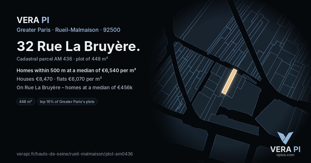 32 Rue La Bruyère, Rueil-Malmaison at night – the plot lit, the parcels around coloured by the prices near them