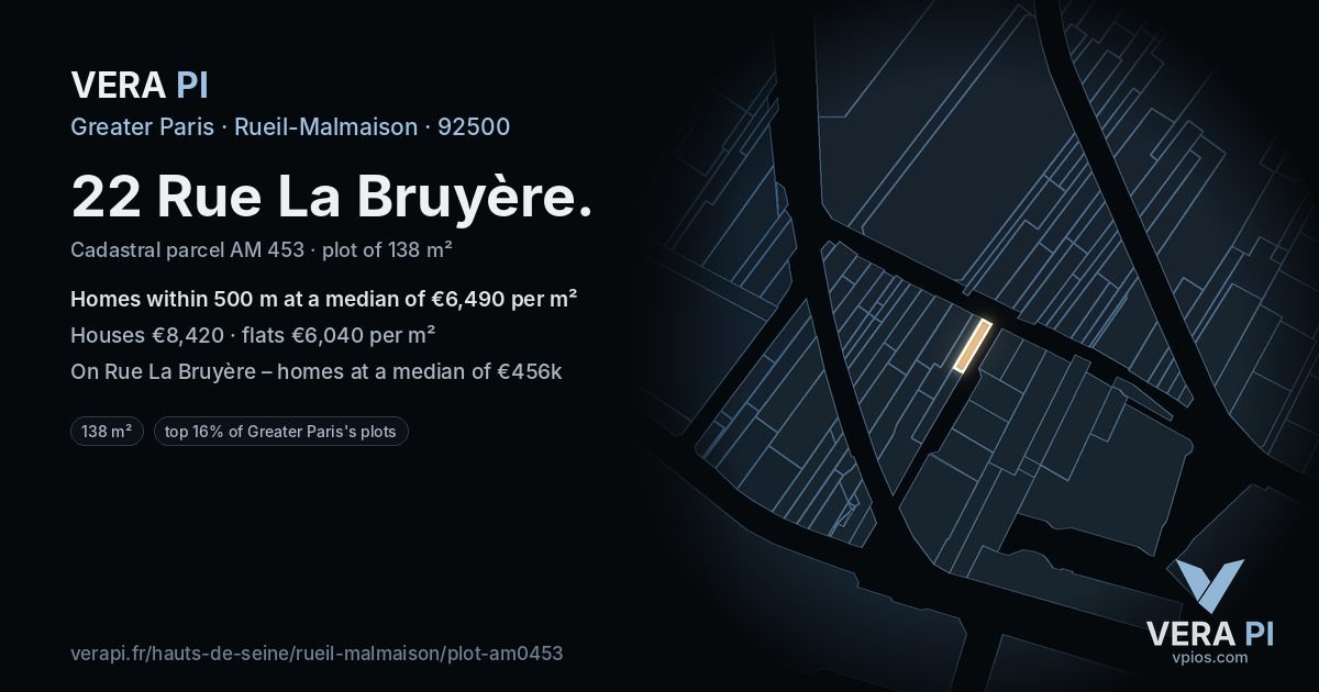 22 Rue La Bruyère, Rueil-Malmaison at night – the plot lit, the parcels around coloured by the prices near them