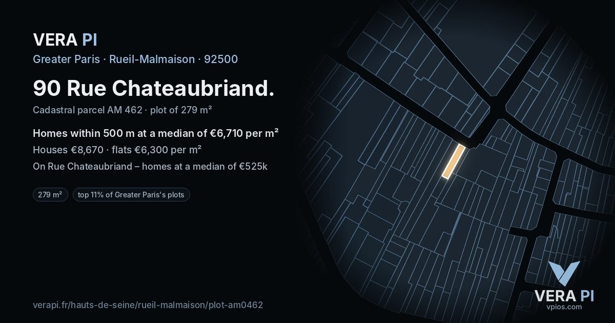 90 Rue Chateaubriand, Rueil-Malmaison at night – the plot lit, the parcels around coloured by the prices near them
