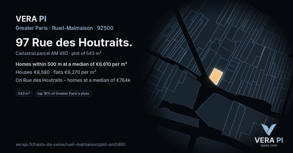97 Rue des Houtraits, Rueil-Malmaison at night – the plot lit, the parcels around coloured by the prices near them