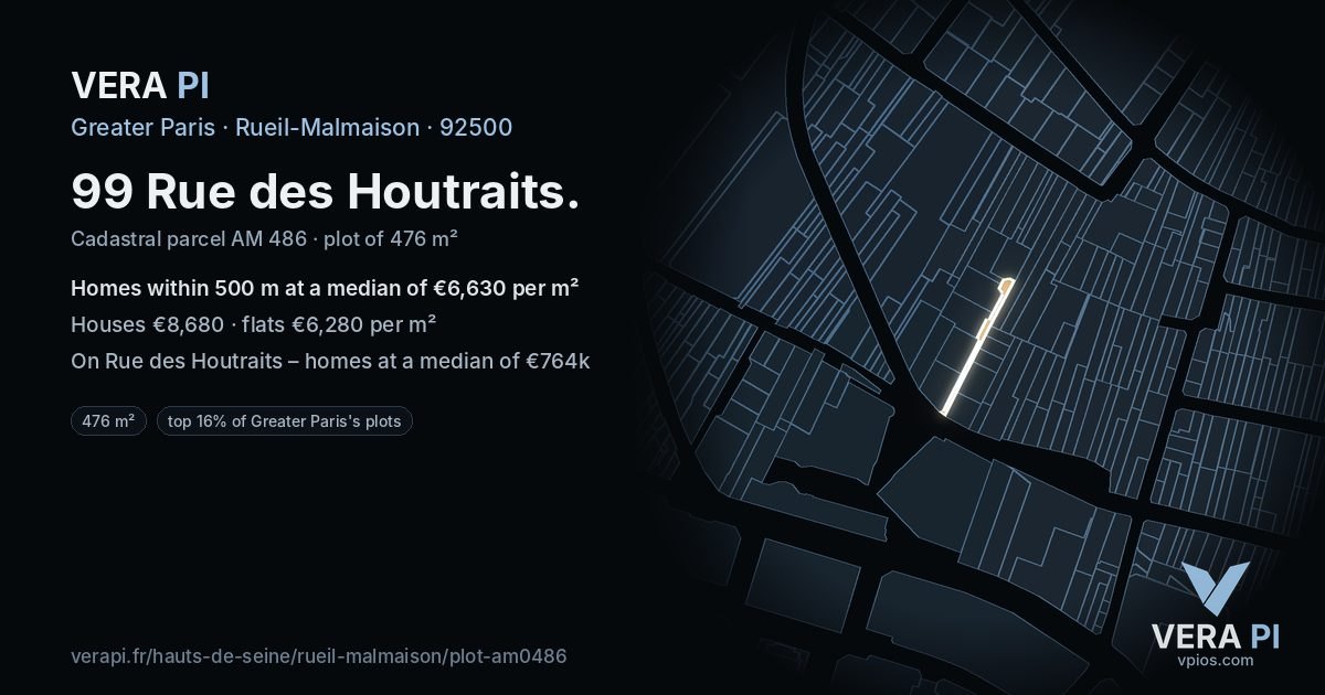 99 Rue des Houtraits, Rueil-Malmaison at night – the plot lit, the parcels around coloured by the prices near them
