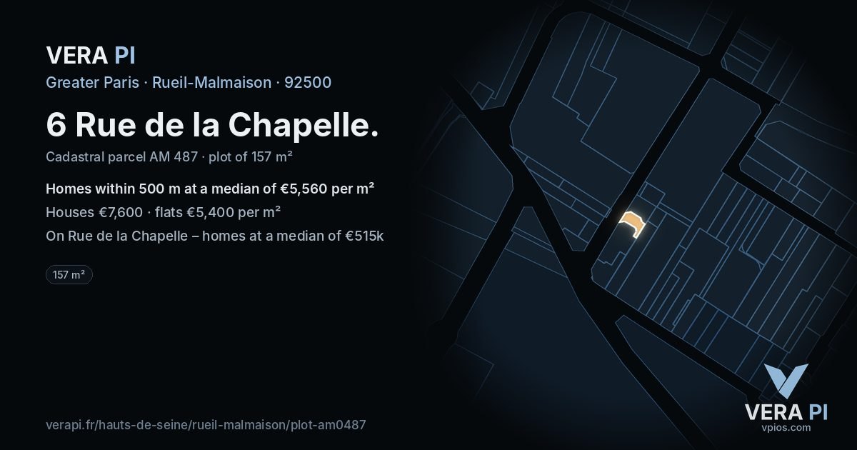 6 Rue de la Chapelle, Rueil-Malmaison at night – the plot lit, the parcels around coloured by the prices near them