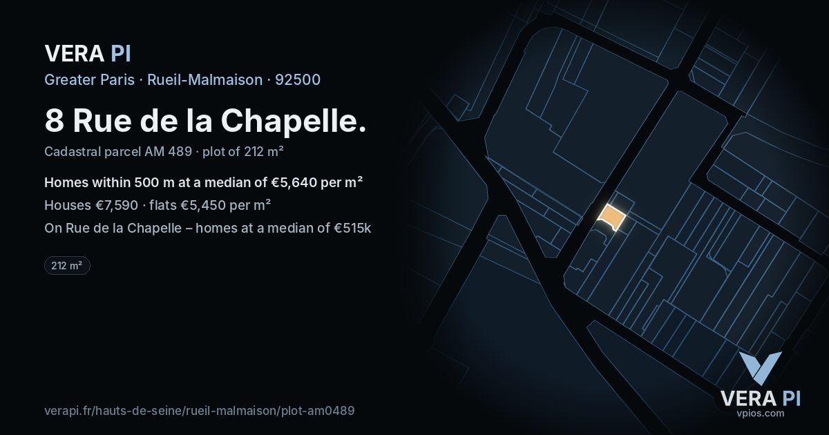 8 Rue de la Chapelle, Rueil-Malmaison at night – the plot lit, the parcels around coloured by the prices near them