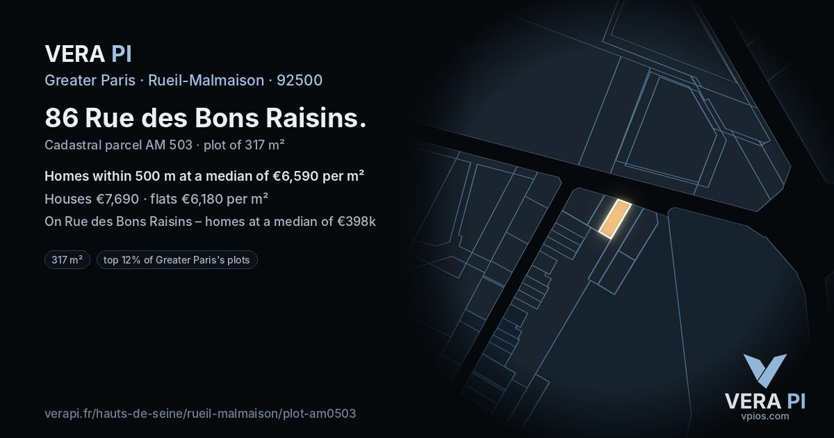86 Rue des Bons Raisins, Rueil-Malmaison at night – the plot lit, the parcels around coloured by the prices near them