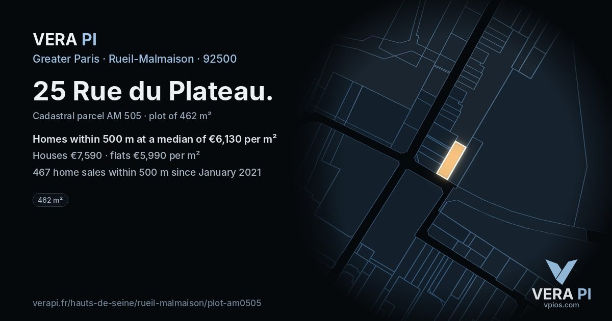 25 Rue du Plateau, Rueil-Malmaison at night – the plot lit, the parcels around coloured by the prices near them