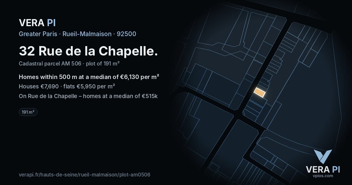 32 Rue de la Chapelle, Rueil-Malmaison at night – the plot lit, the parcels around coloured by the prices near them