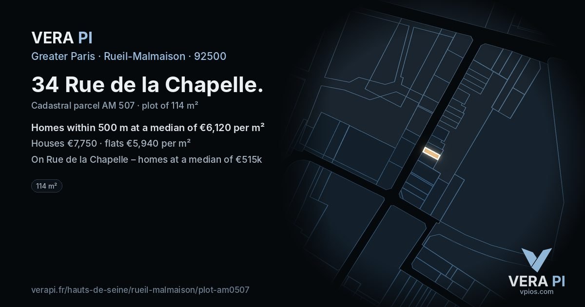 34 Rue de la Chapelle, Rueil-Malmaison at night – the plot lit, the parcels around coloured by the prices near them