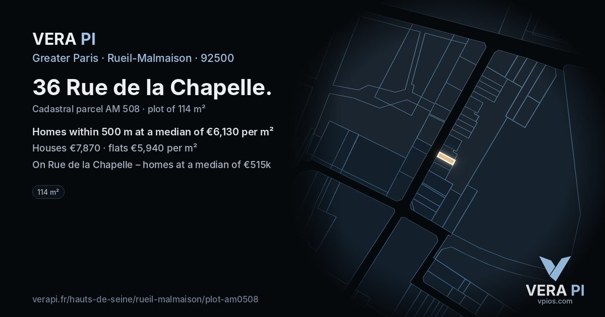 36 Rue de la Chapelle, Rueil-Malmaison at night – the plot lit, the parcels around coloured by the prices near them